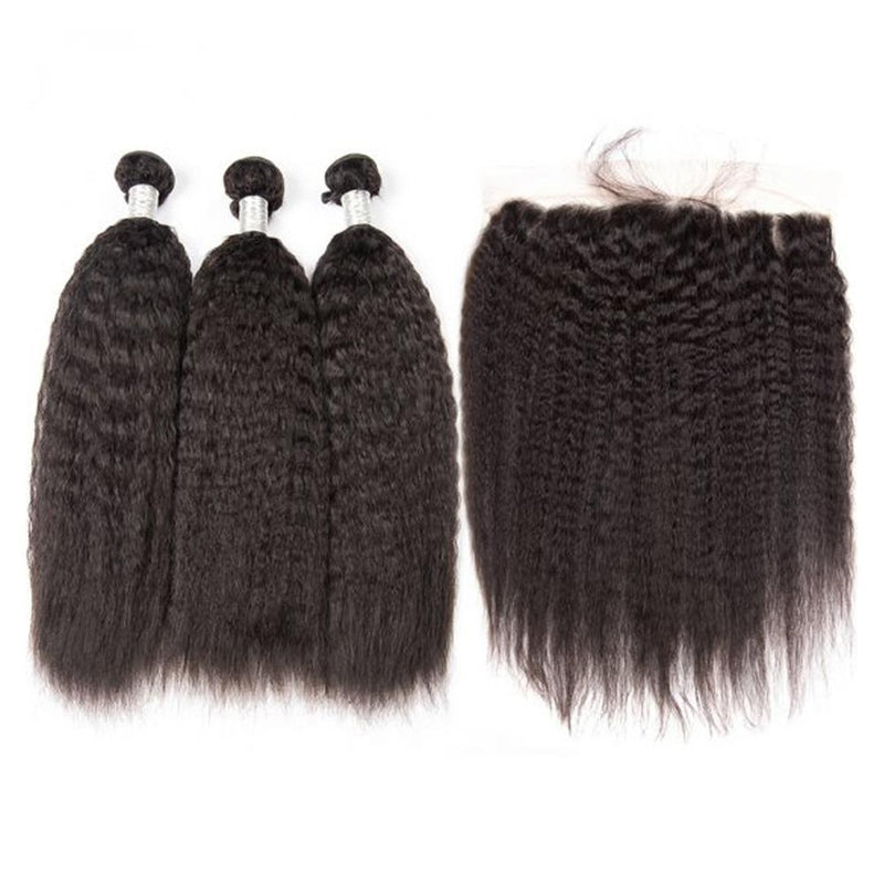 Bundle Deals With Frontal Kinky Straight Virgin Human Hair Natural Black